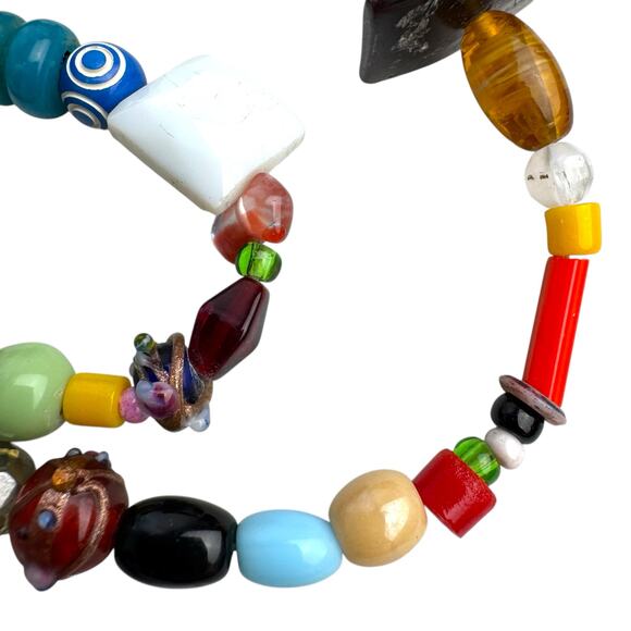 Eclectic Artisan Beaded Necklace Mixed Media Glass Wood Ceramic Funky Boho - Picture 4 of 13